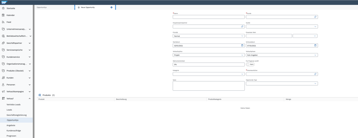 KACO SAP Sales Cloud Neue Opportunity