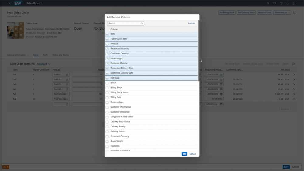 SAP S/4HANA | Kundenaufträge anlegen per Fiori-App | Positionstabelle