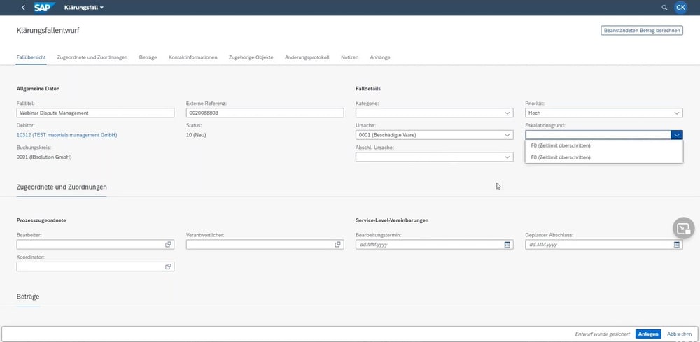 SAP Dispute Management Klaerungsfall anlegen