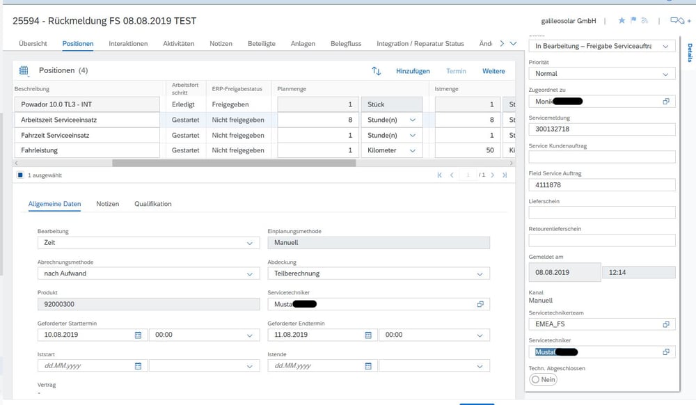 KACO Screenshot Rueckmeldung Material & Zeiten IBsolution