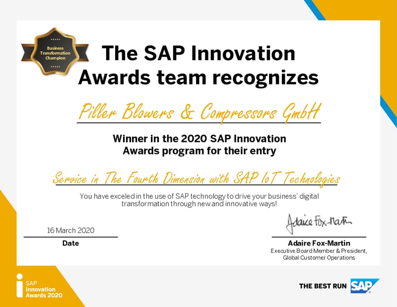 Urkunde PILLER SAP Innovation Awards 2020 IBsolution
